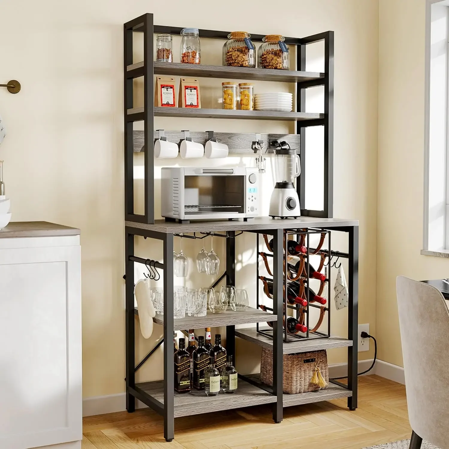 

Coffee Bar w Power Outlet, Small Kitchen Microwave Stand Bakers Rack, Freestanding Appliance Storage Shelves 6 Tier