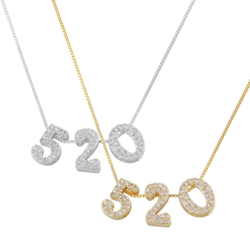 ZHUKOU 520 charms necklaces for couples gold color Brass cubic zirconia digital numbers beads necklaces chains wholesale VL414