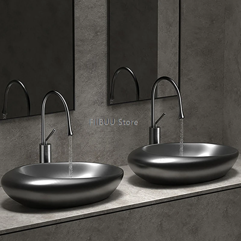 

White Egg Shape Vanity Table Sink Ceramic Vessel Sinks Oval Sink Bowl Above Counter Washing Basins For Bathroom Balcony Hotel