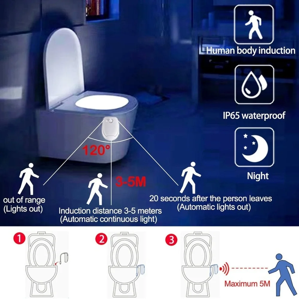 مصباح ليلي للمرحاض PIR محس حركة أضواء المرحاض LED الحمام ليلة مصباح 8 ألوان المرحاض السلطانية الإضاءة للحمام الحمام