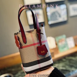 Custom Initials Small Female Bag Luxury Leather Stripe Check Canvas Mini Tote Purse Personalize Letters Lady Crossbody Handbag