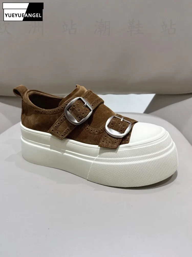 Autumn Ladies Streetwear Buckle Genuine Leather Pumps Footwear Women Lace-Up Round Toe Height Increasing Cow Suede Casual Shoes