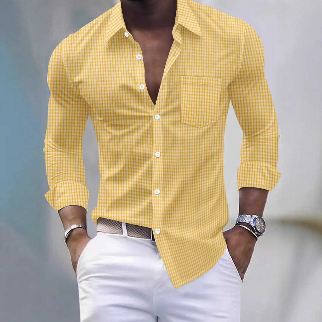 Men's fashion classic checkered shirt long sleeved lapel button up shirt business casual street comfortable shirt fast delivery