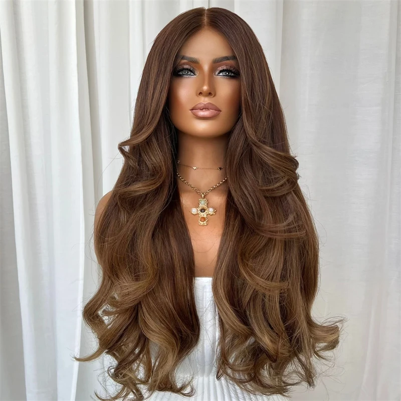 Preplucked Hairline 13x4 Ombre Warm Brown Highlights HD Lace Front Wig Glueless Preplucked Hairline 28 Inch Natural Wave Wig