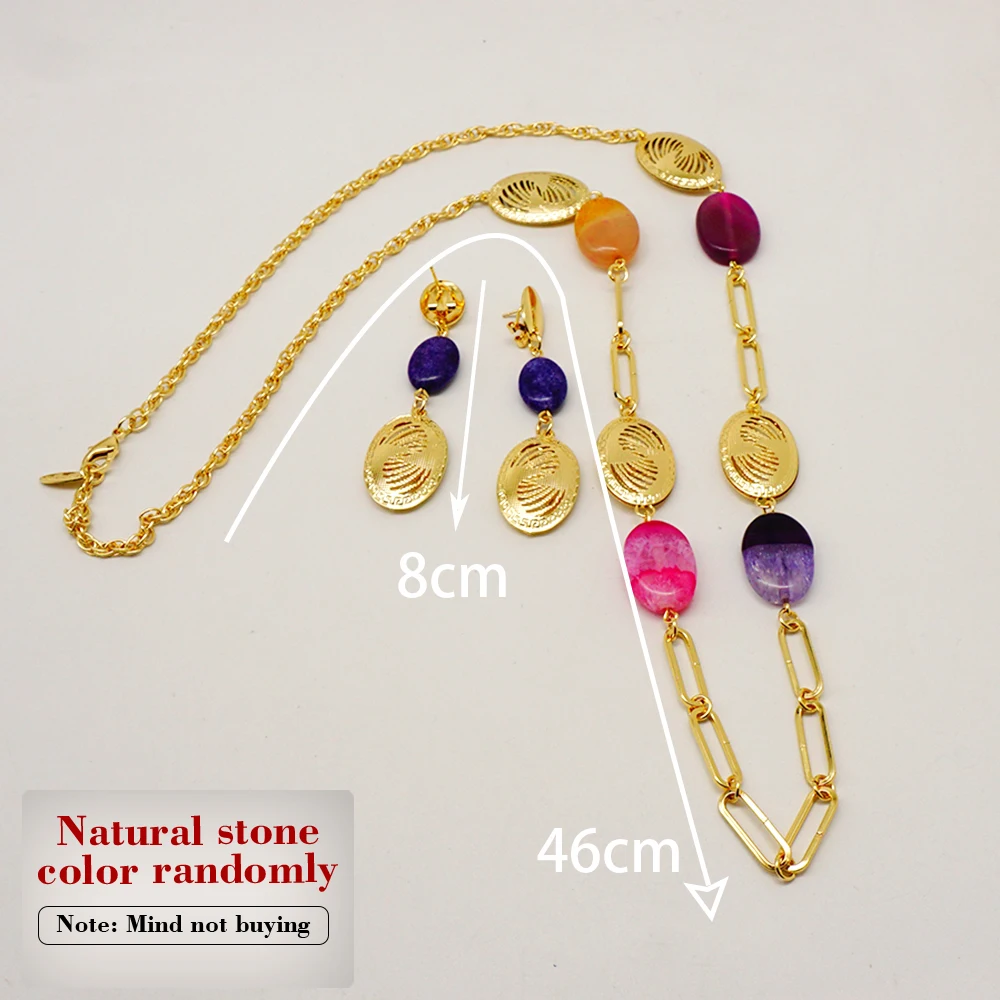 Fashion Bohemian Jewelry Natural Stone Long Drop Earrings Pendant Necklaces For Women Personality Chain Gift (Color Randomly)