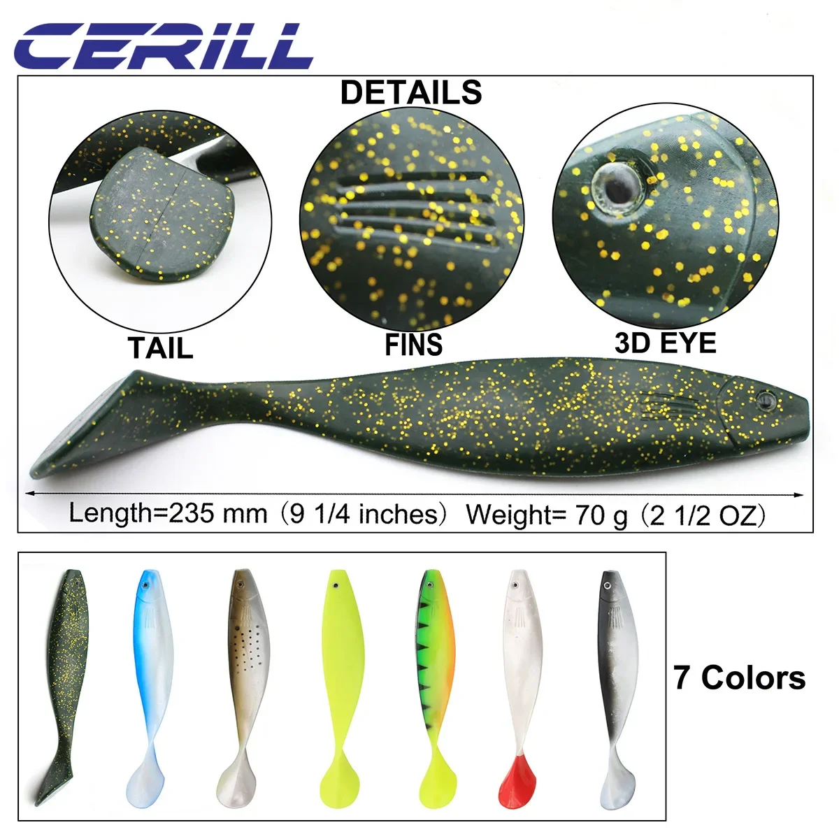 Cerill 1 PC 235mm 70g Big Soft Fishing Lure Paddle Tail Jigging Wobblers Silicone Artificial Bait Shad Pike Bass Saltwater