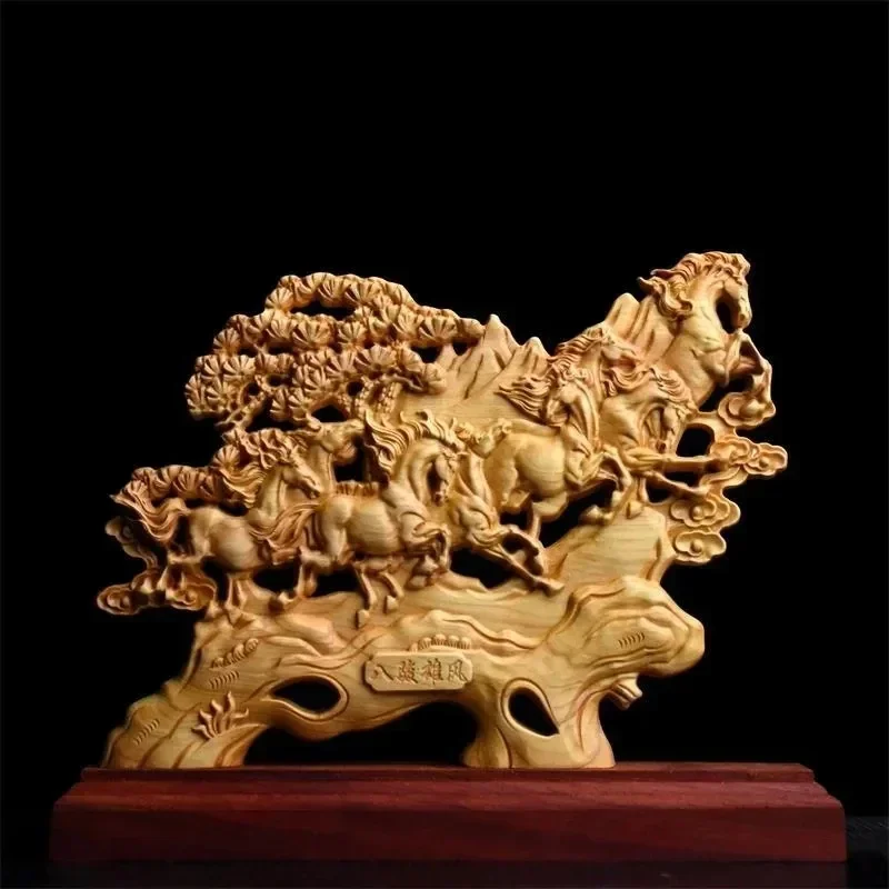 23CM Cypress Wooden Eight Horses Statue Wood Animal Figurines Home Decoration Gifts  Accessories Decoration Wood Sculptures