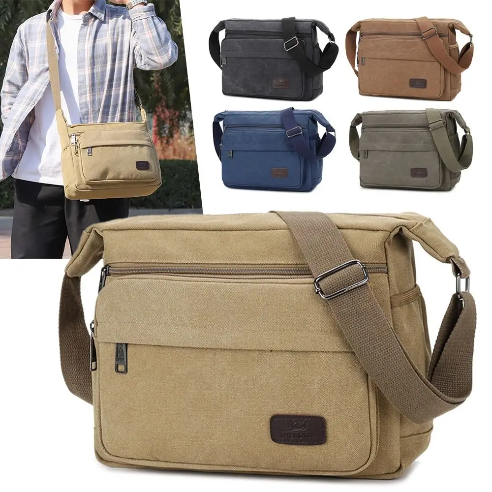 Casual Canvas Men Shoulder Bags Tote Multi Pockets Travel Crossbody Bag Wear-resistant Large Capacity Purses Male Bag