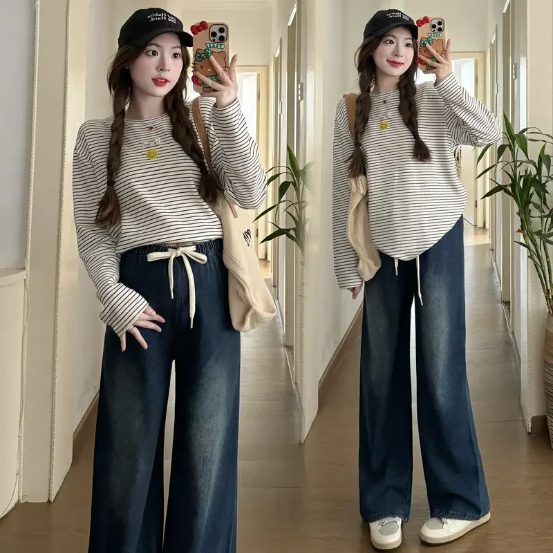 Jean Denim Bleu Foncé Vintage pour Femme Enceinte, Pantalon Droit, Taille Haute, Jambes Larges, Printemps, Été, 24SS, Jeune, Y2k