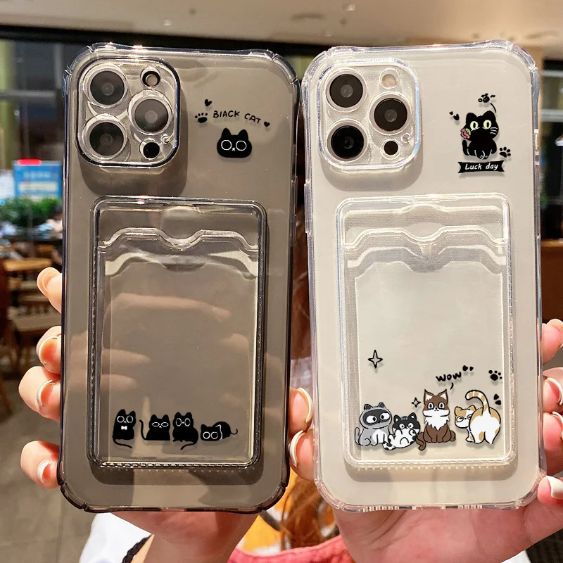 Custodia per telefono simpatico gatto nero per iPhone 17 Pro Max 16 15 13 12 11 14 Pro Max Air 7 8 Plus XR SE Custodia per slot per carte Custodia a portafoglio
