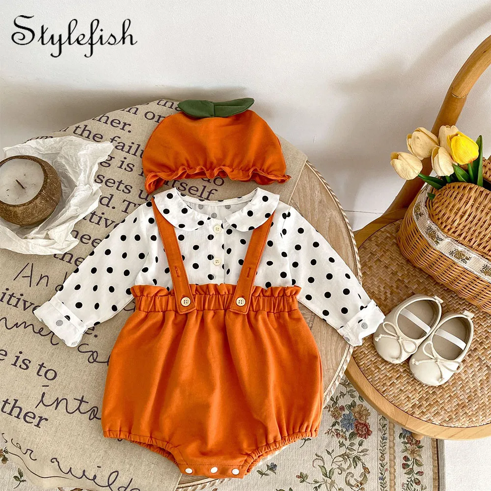 

Halloween Spring and Autumn Season New Versatile Baby and Child Dot Doll Neck Long Sleeve Top+Pumpkin Shape Sling Romper+Hat