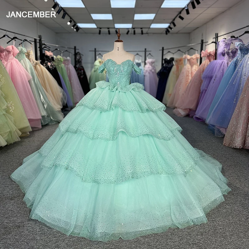 Sweet Customized Green Princess Ball Gown Quinceañera Dresses 2024 Bow Short Sleeves Beads Birthday Party For 15th Girls DY6801