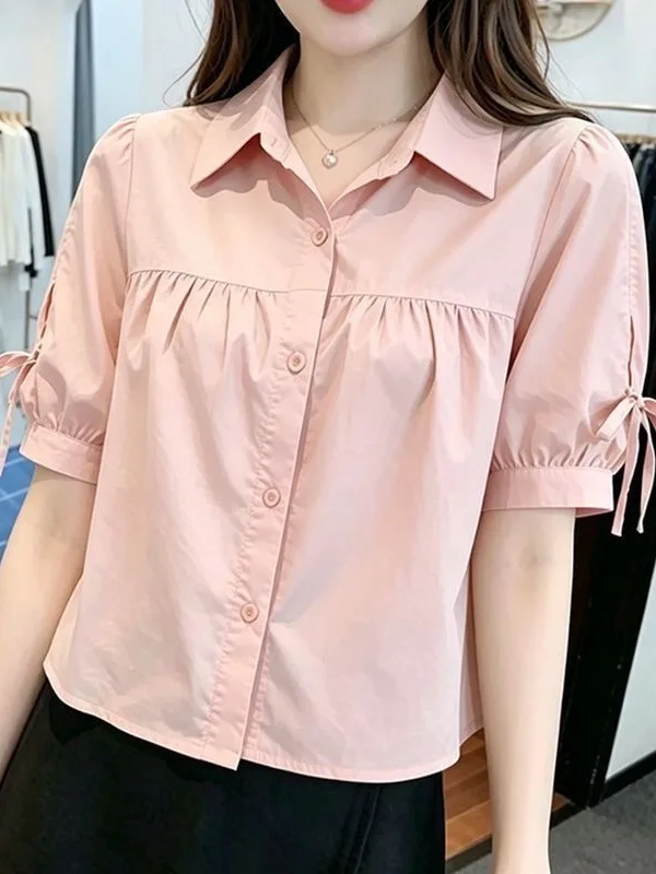 Slim Fit Pure Cotton Short Sleeve Shirt Women's Summer New Style Loose Fashionable Knot Top Korean Style Commute Wind