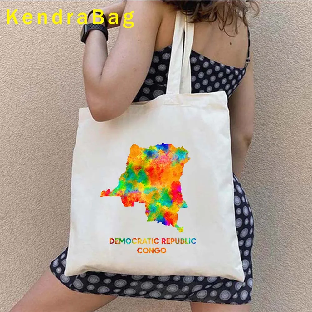 Arms of Democratic Republic Congo Map Flag Heart Round Emblem Brazzaville Cute Gift Idea Canvas Shoulder Tote Bag Cotton Handbag