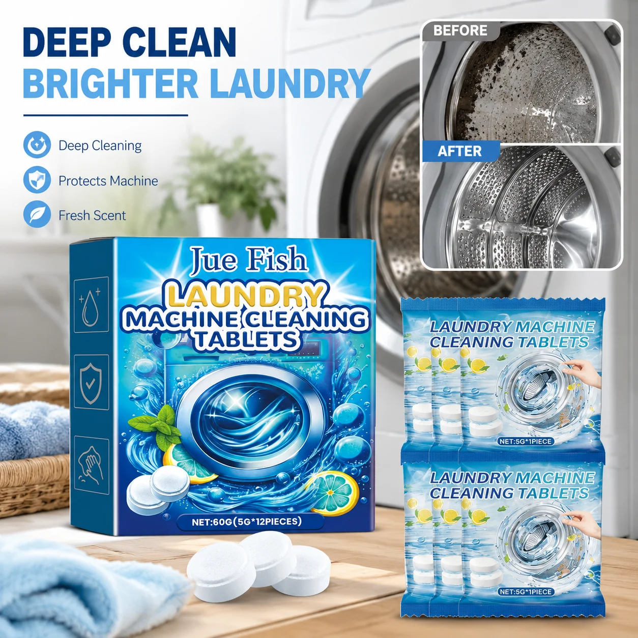 12pcs Washing Machine Cleaning Effervescent Tablets Deep Clean Antibiosis Eliminates Odors No Residue Washing Machine Cleaner