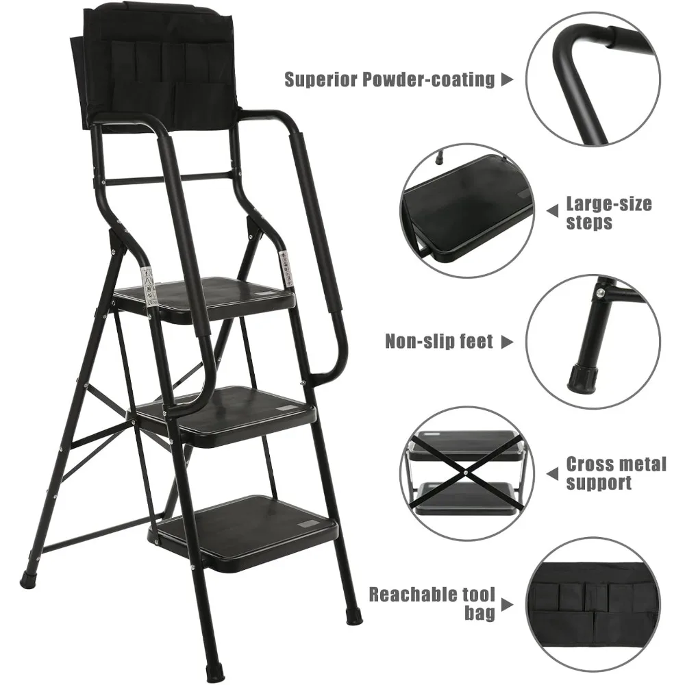 سلم قابل للطي بثلاث خطوات مع درابزين - سعة 500 رطل، إطار فولاذي، قضبان جانبية آمنة، مثالي للاستخدام المنزلي في المطبخ