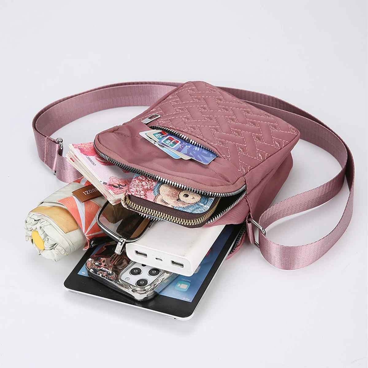 Fashion Mini Puffer Tote Bag Quilted Circle Phone Purse Elegant Purple Soft Nylon Padded Key Pouch Simple Trend Handbag