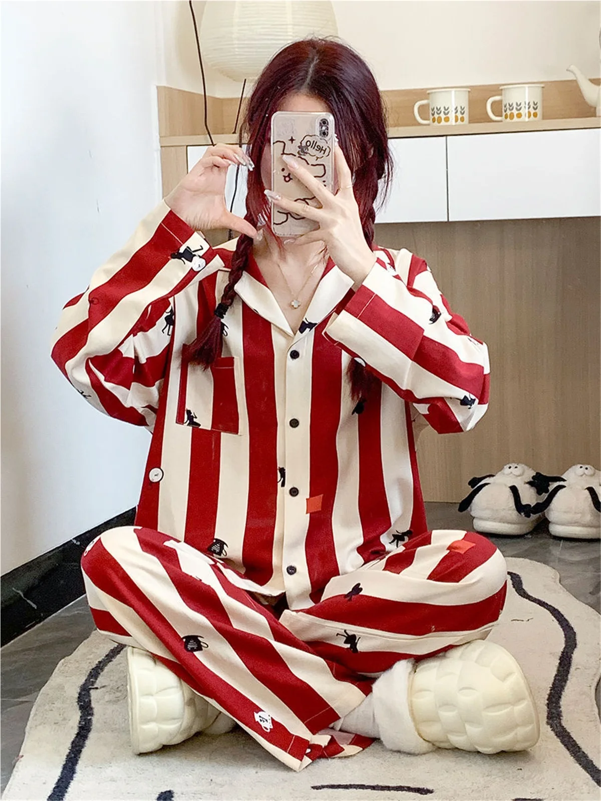 

Женский рождественский пижамный комплект из 2 предметов, полосатая рубашка с длинными рукавами и пуговицами с принтом и брюки, одежда для сна для дома