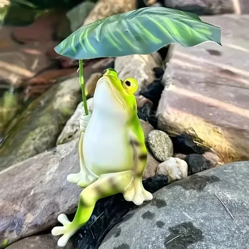 Cartoon Fun Cute Umbrella Frog Sculpture Jewelry Creative Lotus Leaf Frog Statue Aquarium Fish Tank Balcony Garden Decoration
