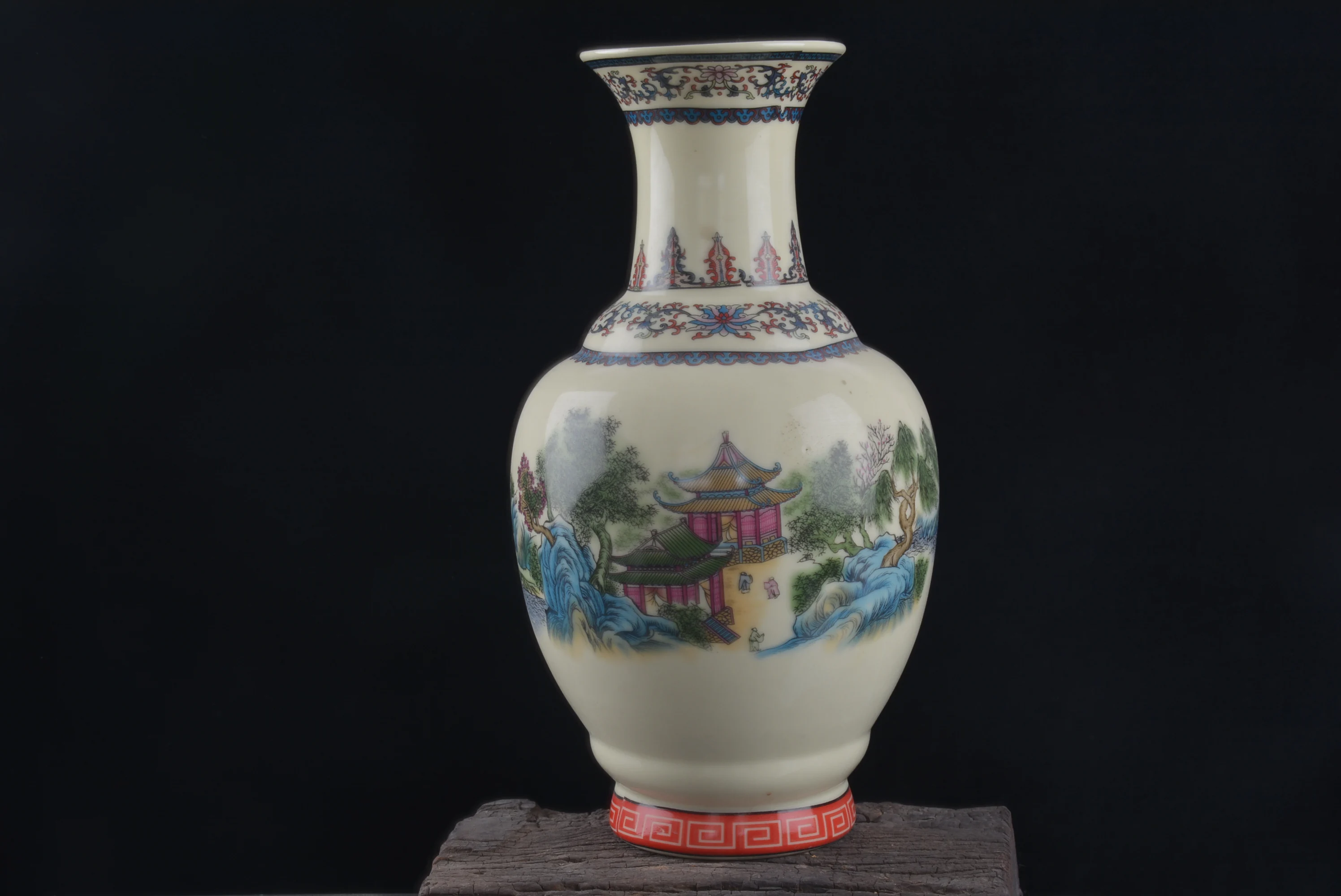 Old Chinese porcelain pastel landscape pavilion amphorae vase for the Qianlong Festival,#03