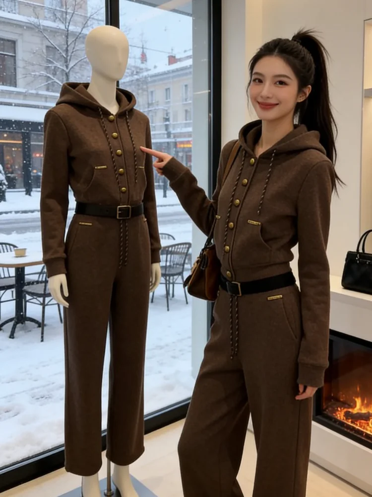 

Laid-back Loose Fit Hoodie Set Korean Style Winter New Wide Leg Pants Two Piece Set Comfortable Long Sleeve Casual Outfit