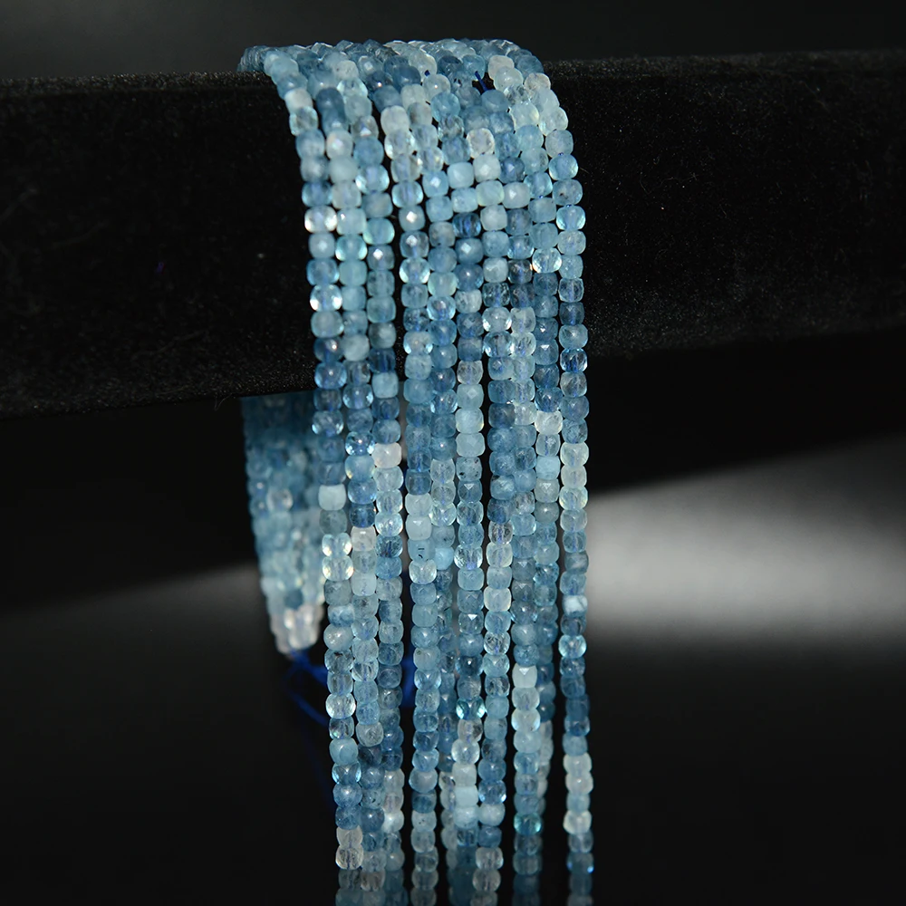 Natural A+++ Aquamarine Faceted Round / Cube Beads 2mm,3mm,4mmFor Jewelry Making DIY Bracelets Necklace Strand Gift 39cm