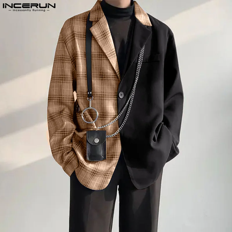 Incerun-メンズチェック柄パッチワークブレザー、ラペル、長袖、ワンボタン、カジュアルなメンズスーツ、ルーズストリートウェア、ファッションコート、S-5XL、2021