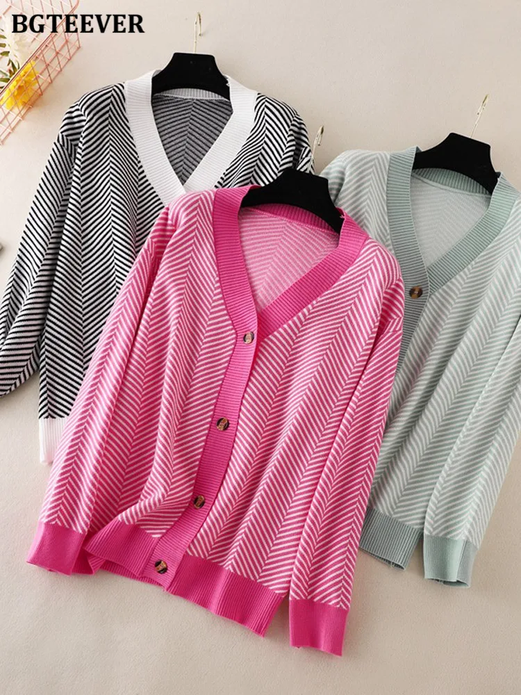 BGTEEVER Casual V-neck Striped Cardigans Sweaters Women Autumn Winter Long Sleeve Loose Knitted Open Stitch Female Outwear