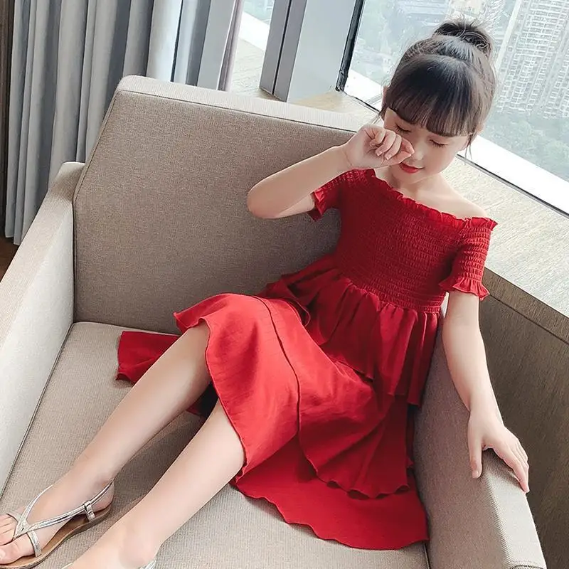 New Summer Girls Dress Chiffon Strapless Princess Dresses One-shoulder Prom Girls Dresses for Kids 12 10 8 7 6 5 4 3 2 Years Old