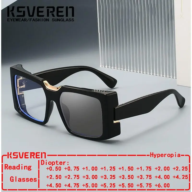 Designer Thick Frame Square Photochromic Reading Glasses Women Fashion Presbyopic Eyeglasses Outdoor Color Changing Glasses
