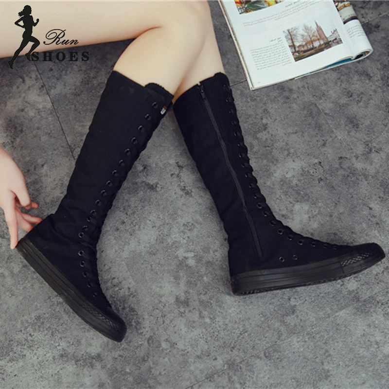 2023 Spring Autumn Women Shoes Canvas Casual High Top Long Boots Lace-Up Zipper Comfortable Flat Mid-Calf Boots Sport Large Size