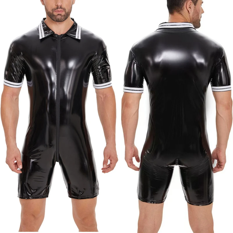 

Men Zipper Open Crotch Erotica Jumpsuit Shorts Short Sleeve Lapel Tight Stretch Rompers Male Glossy Patent Leather Wear S-7XL