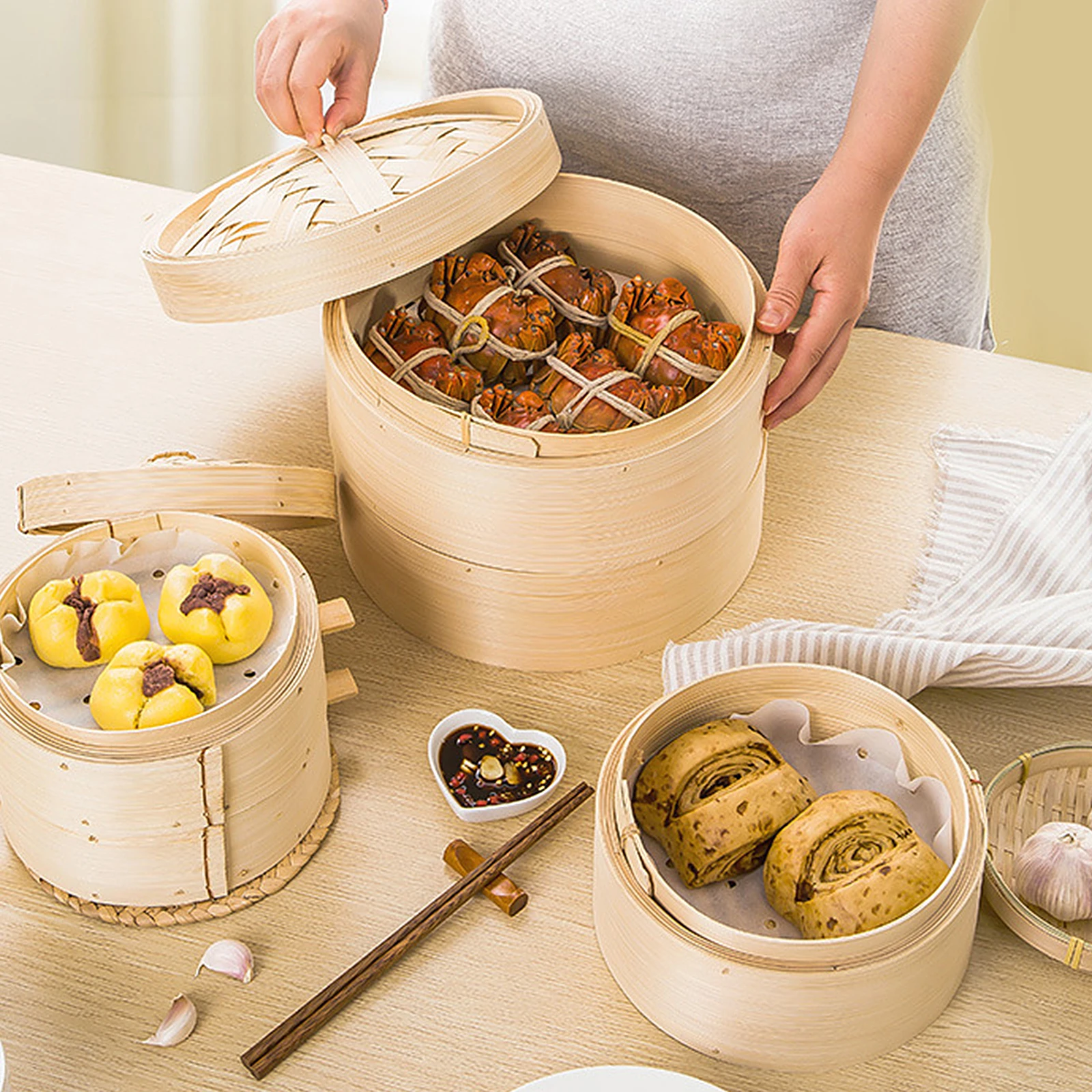 

1pc Bamboo Steamer 3-Tier Round Steaming Basket For Vegetables Fish Meat Healthy Cooking Reusable Kitchen Food Steamer Household