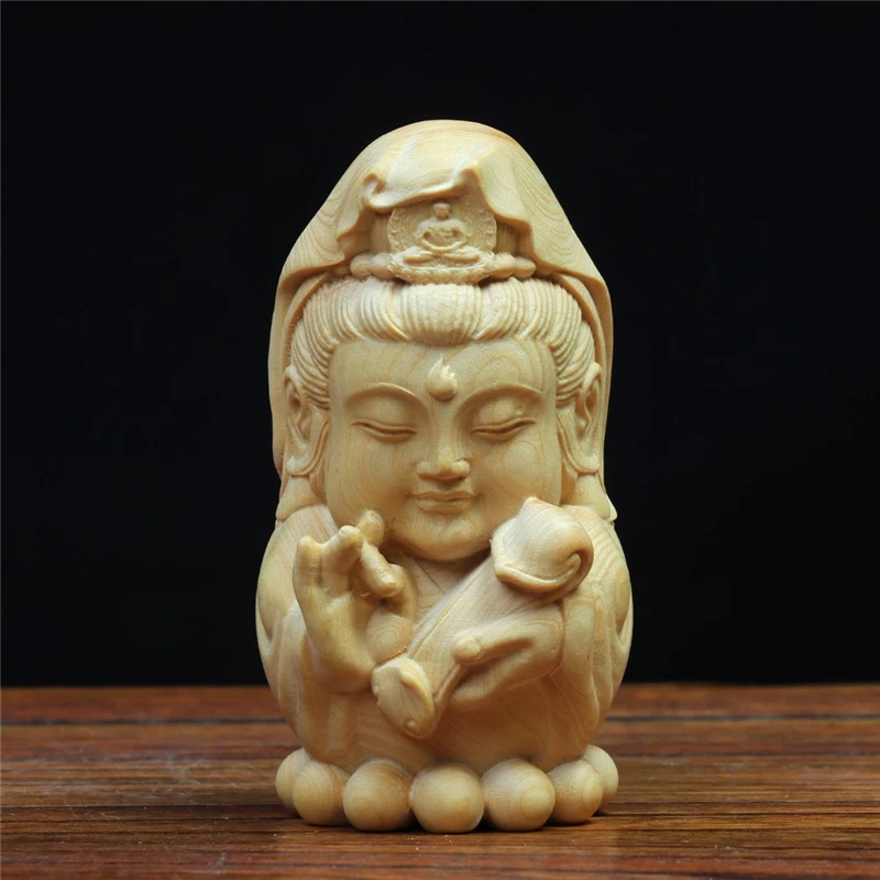 XS674-8 CM Boxwood Guan yin Kuan-yin Fairy Sculpture Buddha Wood Statue Car Decoration Craft Gift Living Room Ornaments