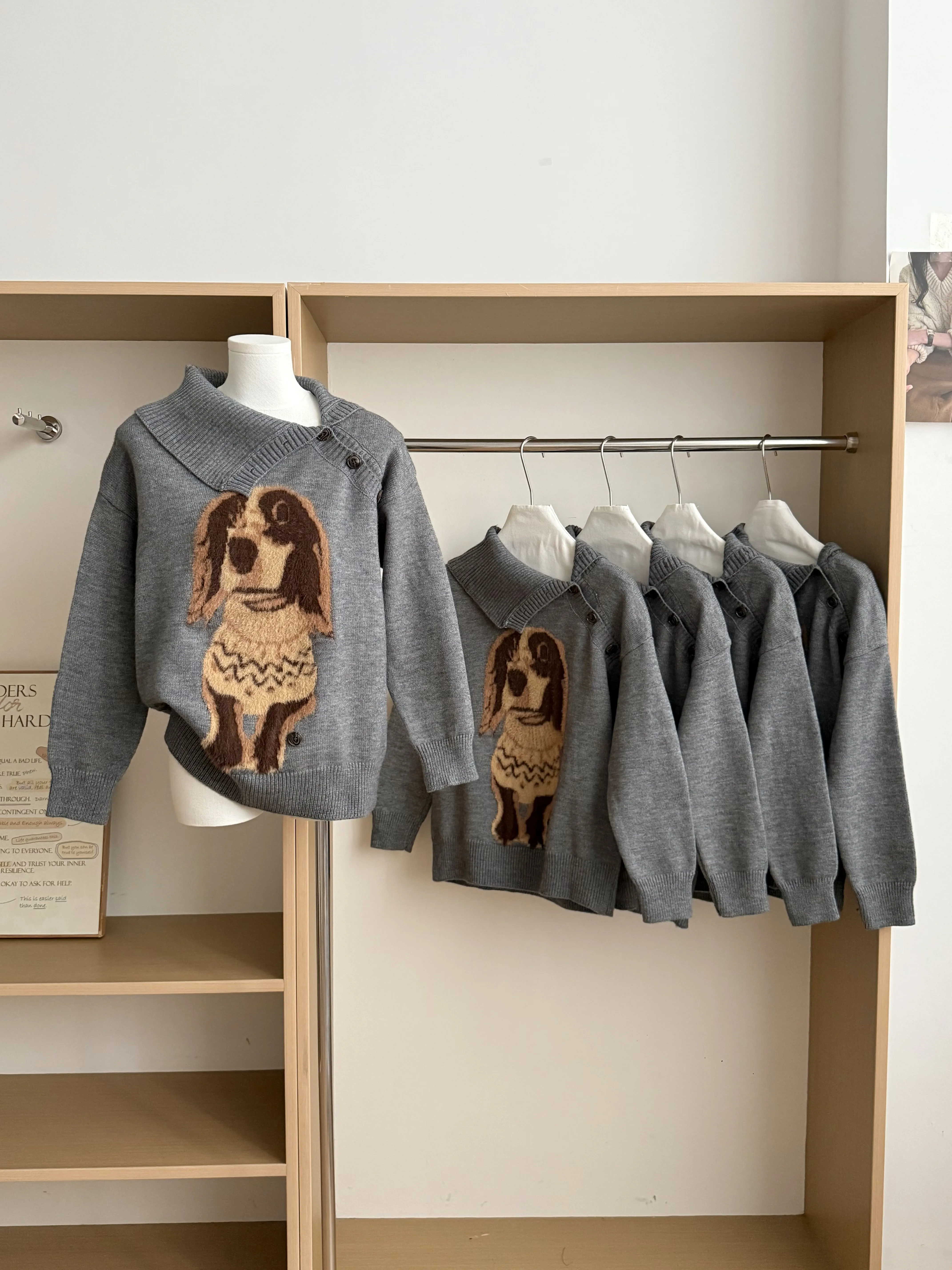 المرأة الخريف الشتاء لطيف الكلب نمط الياقة المدورة طويلة الأكمام فضفاضة سترة سيدة البلوز الحيوان نمط البلوز الأعلى #1