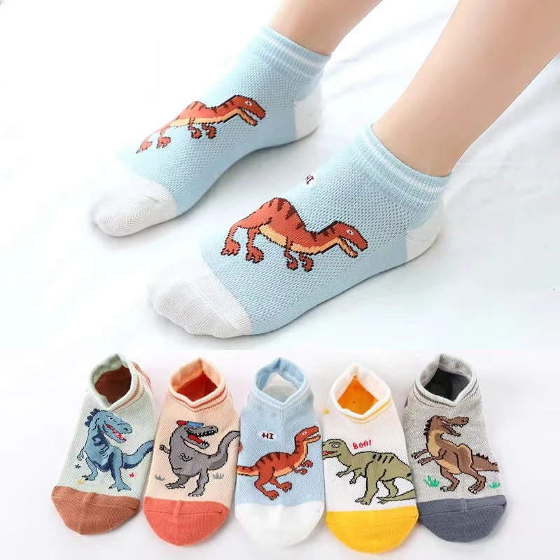 5 Pairs of Spring Summer Children's Thin Cartoon Dinosaur Trend Fashion Boys Girls Students Mesh Breathable Cotton Socks