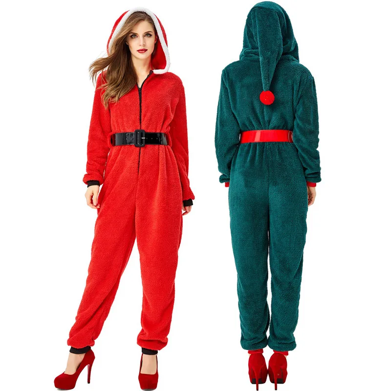 

Green Christmas Elf Long Sleeve Hooded Onesie Christmas Tree Cosplay Costume