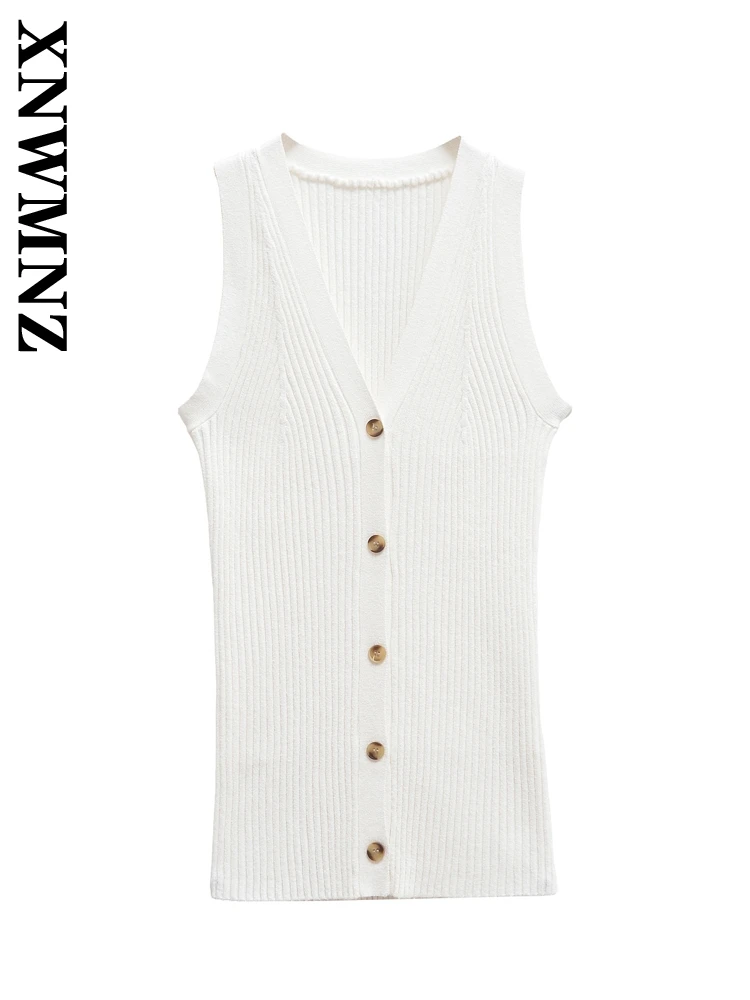 XNWMNZ 2024 New Autumn Woman's Casual Single-breasted Solid Color Sweater Vest Female Fashion V-Collar Knit Sleeveless Top Gilet