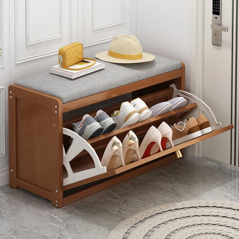 Upholstered Storage Bench Shoe Rack Modern Entryway Seat with Soft Cushion Dual Purpose Shoe Cabinet Sitting Stool for Hallway