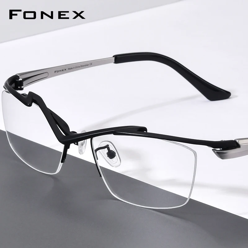 FONEX Titanium Eyeglasses Frame Men Brand Design Semi-Rimless Square Glasses Half-Rim Japanese Ultralight-Weight Eyewear 85763