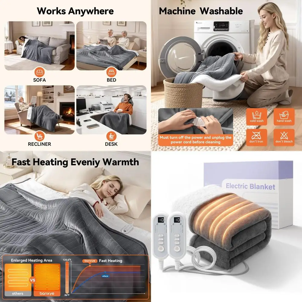 

Electric Heated Blanket Queen Size - Dual Control, Safety Certified, 84x90, 10H Auto Shut-Off, 8 Heat Settings, Flannel & Sherpa
