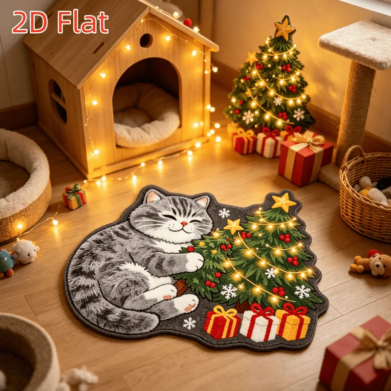 VIKAMA Christmas Cat Rug, Grey Striped Cat Sleeping with Tree Lights Gifts Novelty Mat, Holiday Balcony Floor Carpet