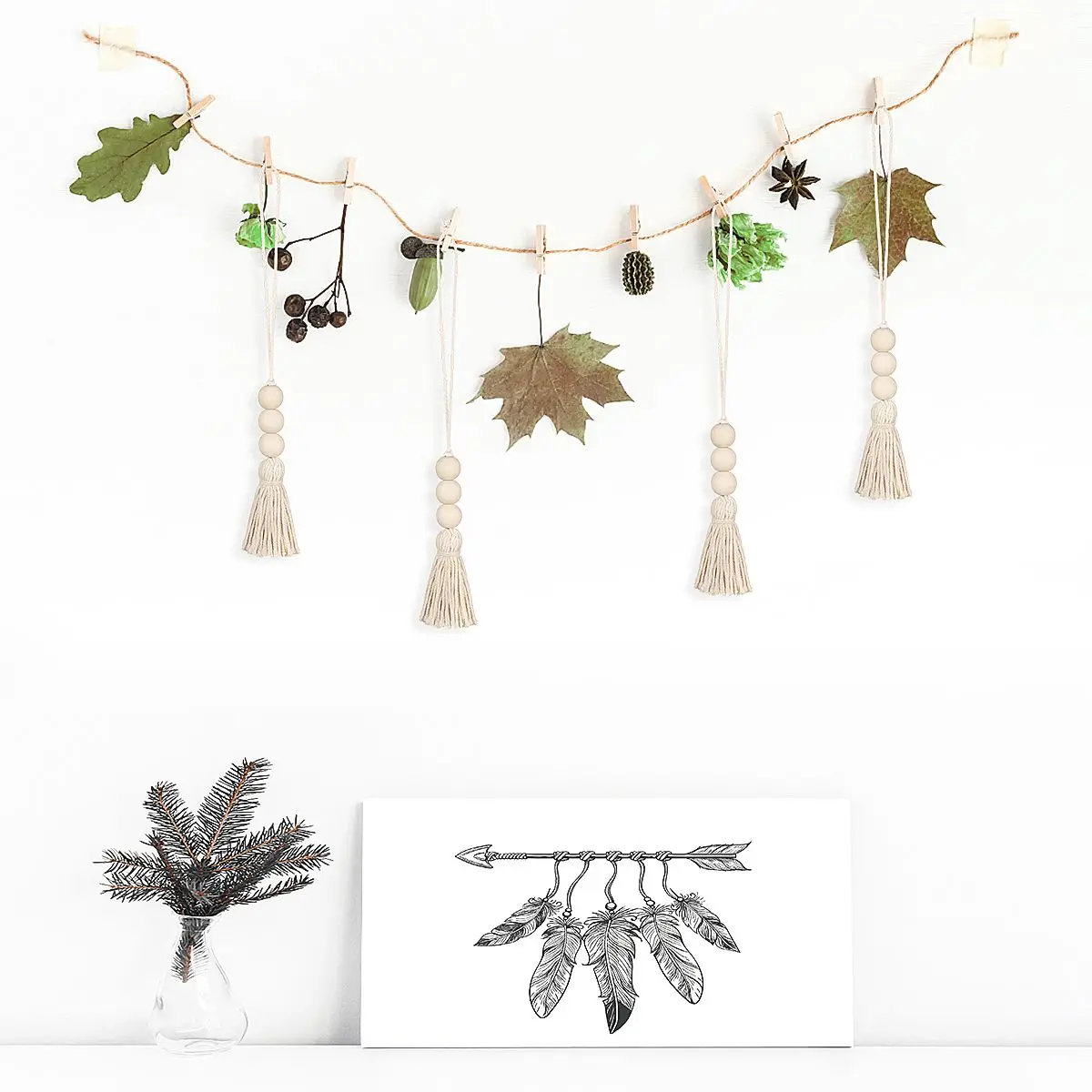 4Pcs Wood Beads Tassel Ornaments Natural Hanging Pendants Handmade Decor for Backpack Car Curtain Photography Props Bohemian