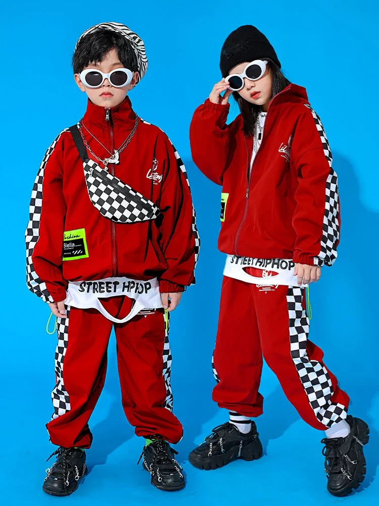 Chaqueta roja para niñas, pantalones sueltos, ropa de calle para niños, ropa de escenario para actuaciones de baile de Hip Hop, trajes de baile moderno de Jazz