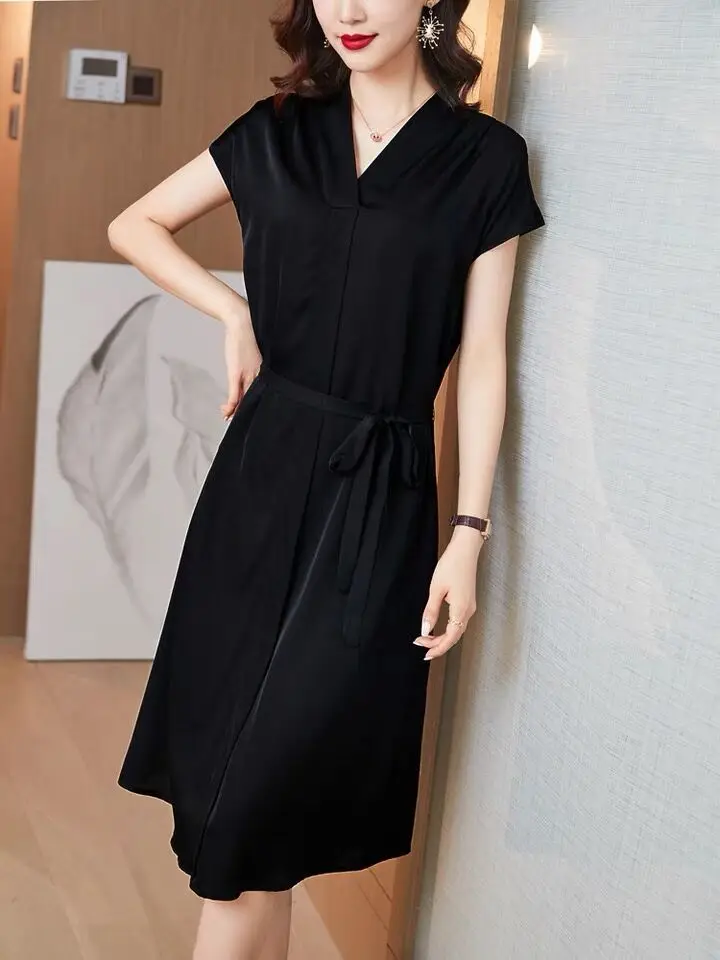 Women Vintage Acetate satin Dress raglan Sleeve V-neck Solid Elegant Casual Party Dress 2024 Summer OL Fashion Dress Vestidos