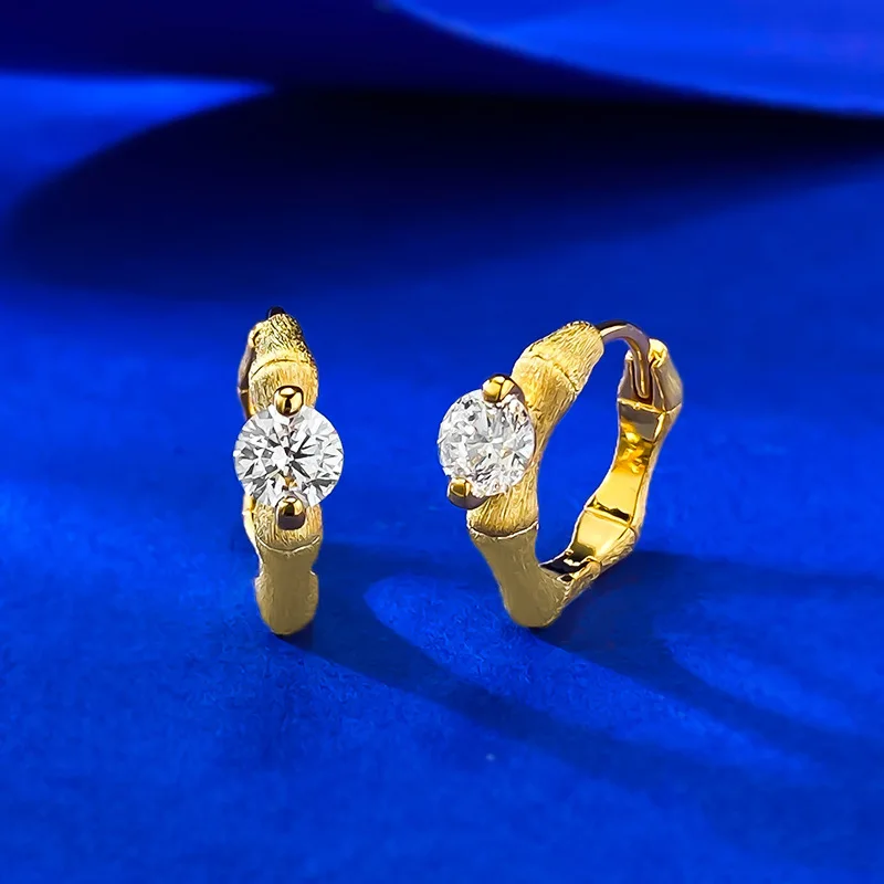 

New S925 Silver Earrings Women's Golden Bamboo Knot Earrings 5MM Round Diamond Brushing Craft Retro Style Wedding Jewelry