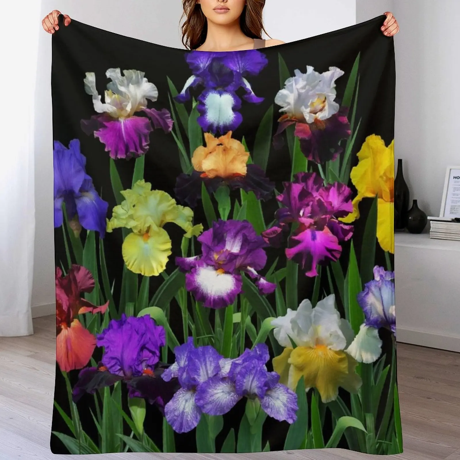 Iris Garden On Black Throw Blanket Long Lasting Soft Plush Blanket for Daily Use