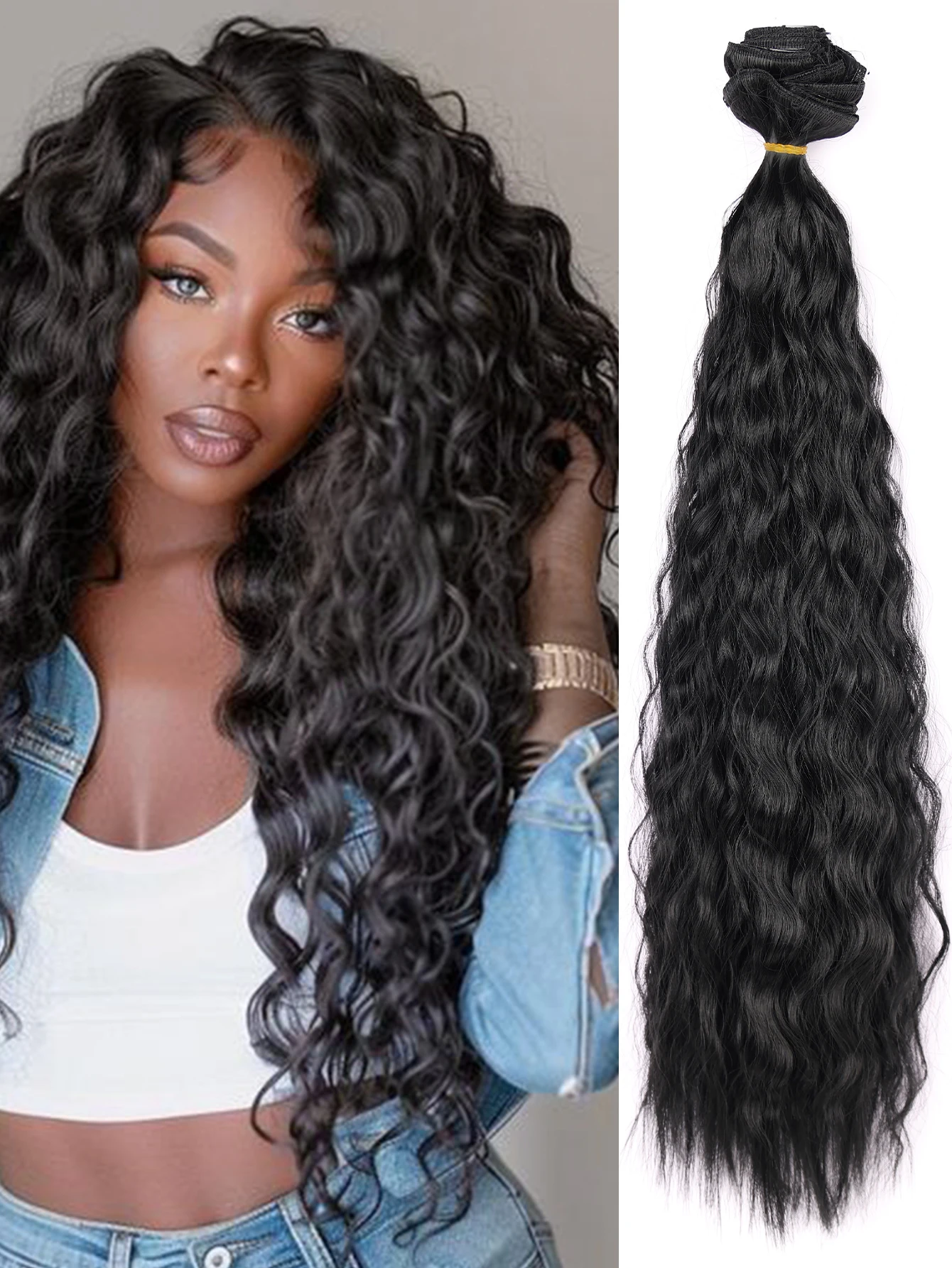 

Clip in Long Wavy Synthetic Hair Extension 22 Inch Black 6PCS Thick Hairpieces Fiber Double Weft Hair for Women