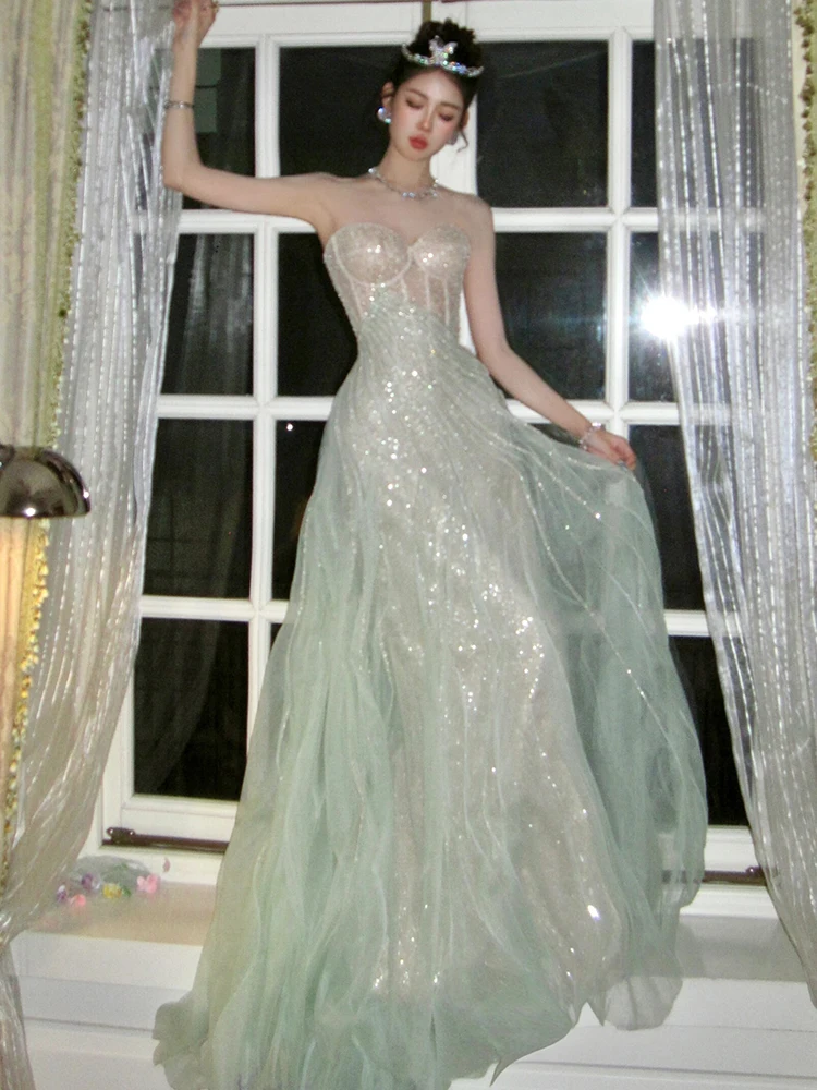 Ele Long Evening Gown with Strapl Design for Par Wedding Performance Fairy Sle Forest System Adult Ceremony