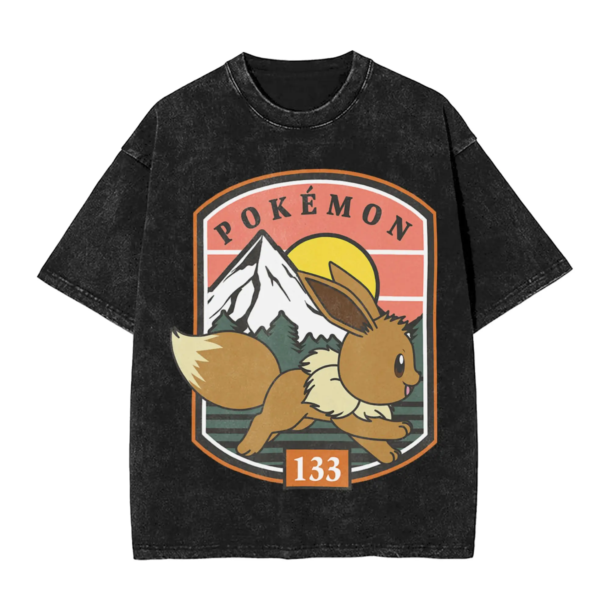 133 Eevee Outdoor Adventure Forest Park Badge Washed T-Shirt Men  Summer O Neck Hip Hop Tees Simple Oversized Clothes